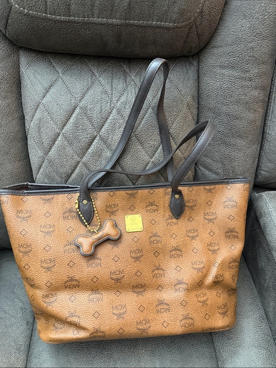 MCM Handbags - MCM Cognac Visetos Tote with Dark Brown Handles and Bone Charm